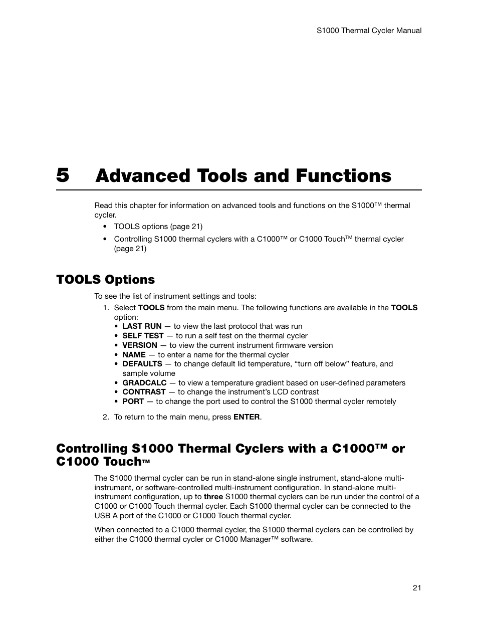 5 advanced tools and functions, Tools options, Chapter 5. advanced tools and functions | Advanced tools and functions | Bio-Rad S1000™ Thermal Cycler User Manual | Page 30 / 41