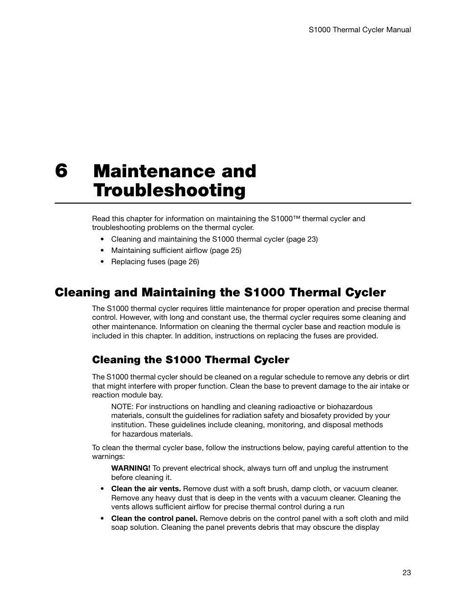 6 maintenance and troubleshooting, Cleaning and maintaining the s1000 thermal cycler, Chapter 6. maintenance and troubleshooting | Maintenance and troubleshooting | Bio-Rad S1000™ Thermal Cycler User Manual | Page 32 / 41