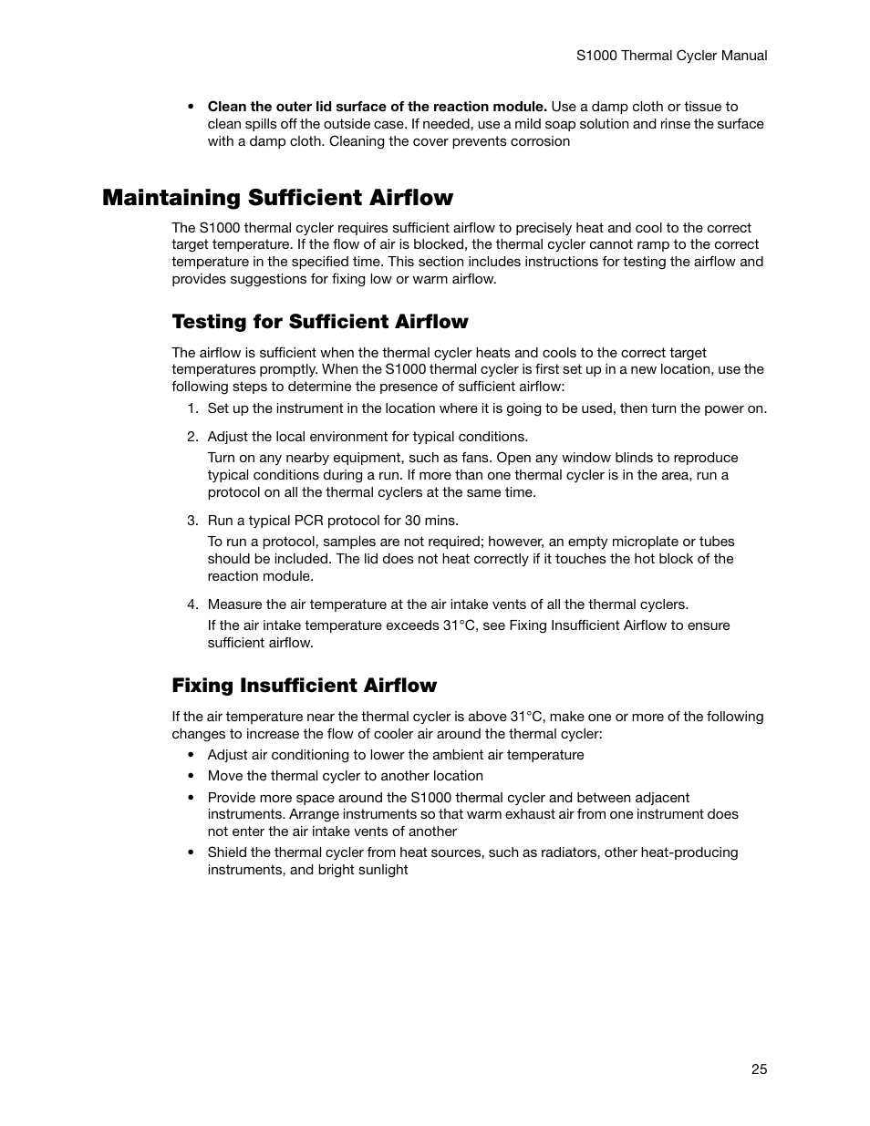 Maintaining sufficient airflow, Testing for sufficient airflow, Fixing insufficient airflow | Bio-Rad S1000™ Thermal Cycler User Manual | Page 34 / 41