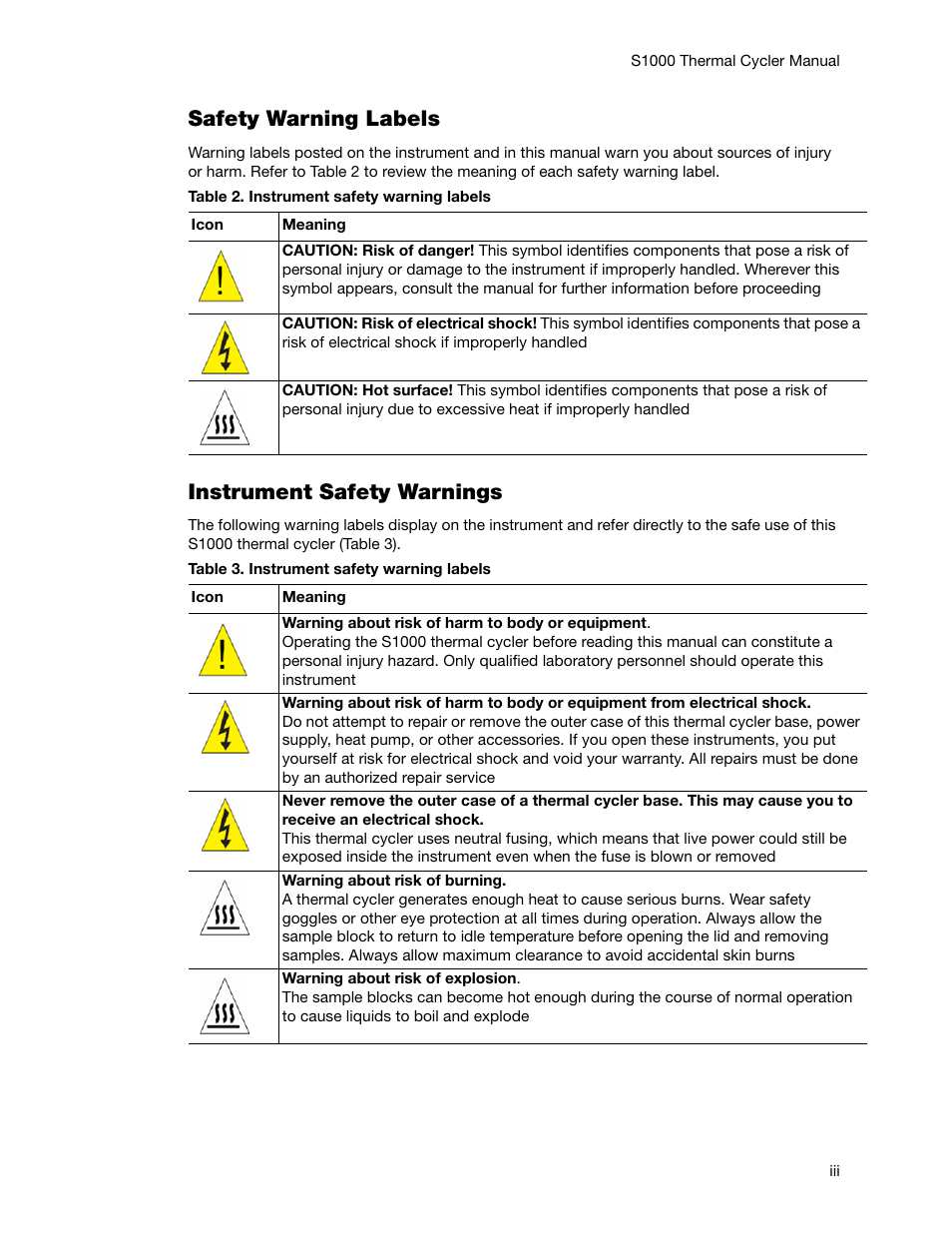 Safety warning labels, Instrument safety warnings | Bio-Rad S1000™ Thermal Cycler User Manual | Page 4 / 41