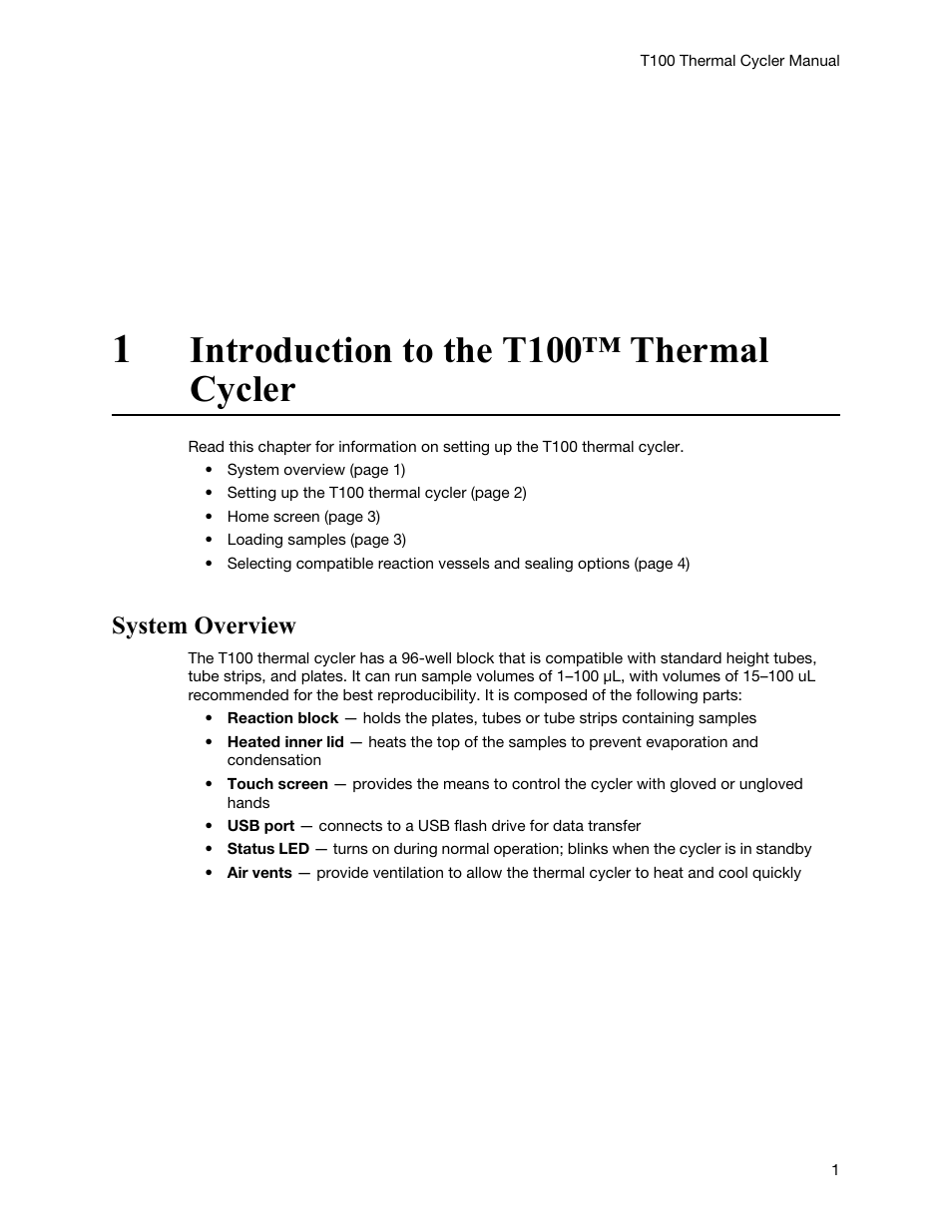 1 introduction to the t100™ thermal cycler, System overview, Introduction to the t100™ thermal cycler | Bio-Rad T100™ Thermal Cycler User Manual | Page 11 / 40