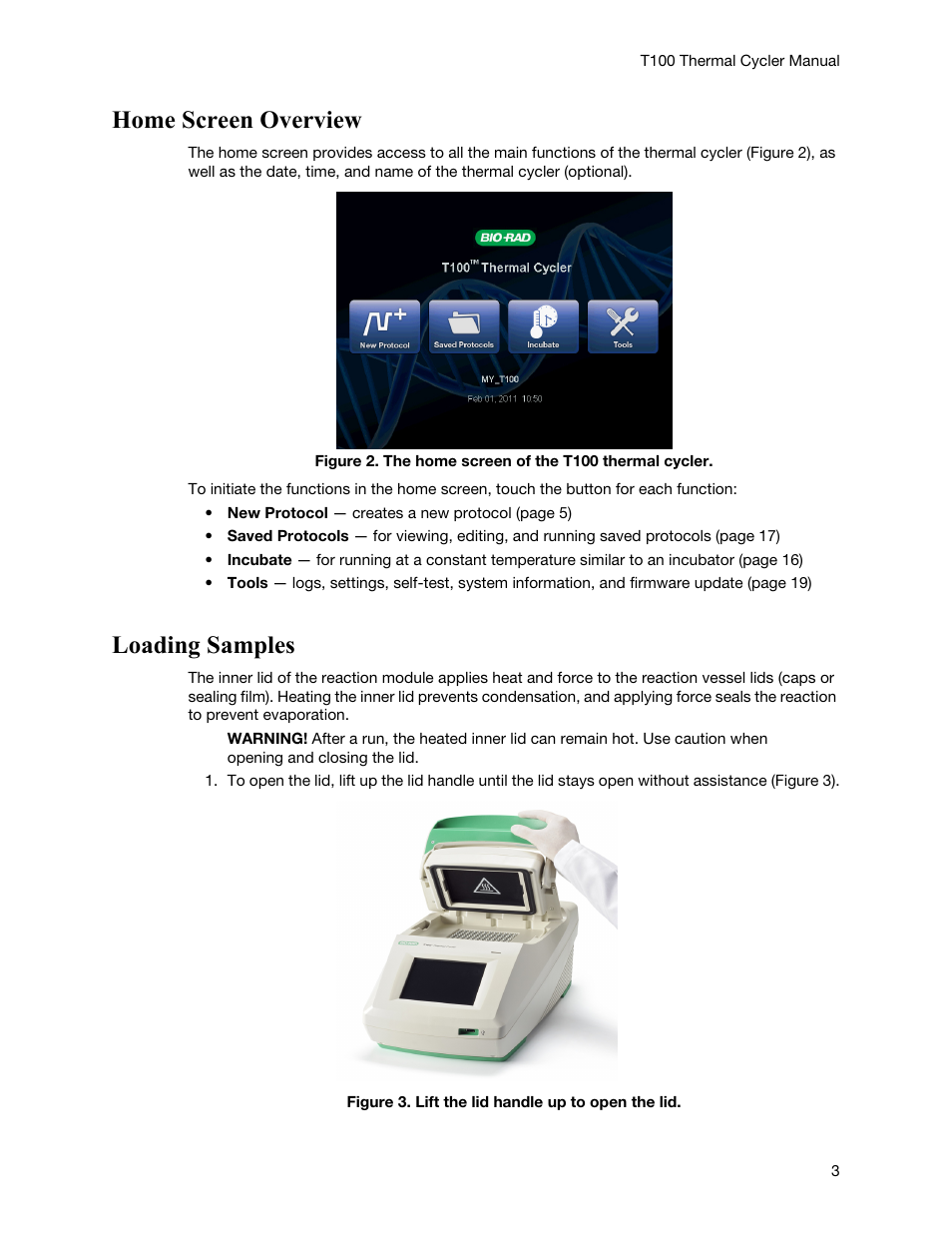 Home screen overview, Loading samples, Home screen overview loading samples | Bio-Rad T100™ Thermal Cycler User Manual | Page 13 / 40