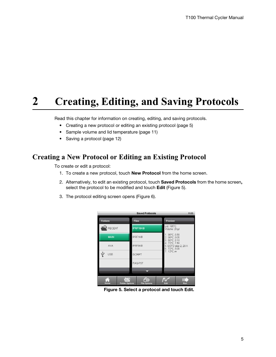 2 creating, editing, and saving protocols, Chapter 2. creating, editing, and saving protocols, Creating, editing, and saving protocols | Bio-Rad T100™ Thermal Cycler User Manual | Page 15 / 40