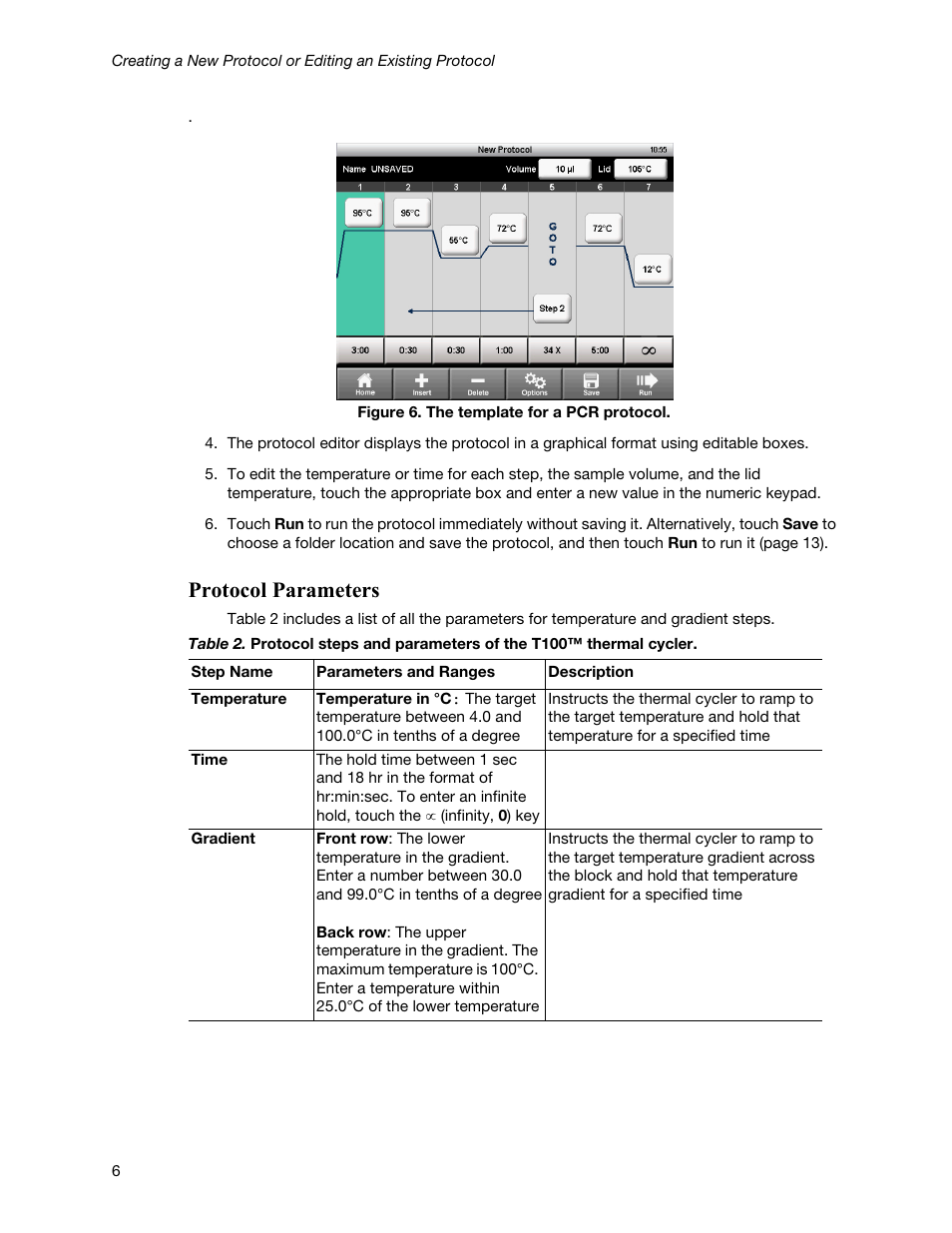 The protocol editing screen opens (figure, Protocol parameters | Bio-Rad T100™ Thermal Cycler User Manual | Page 16 / 40
