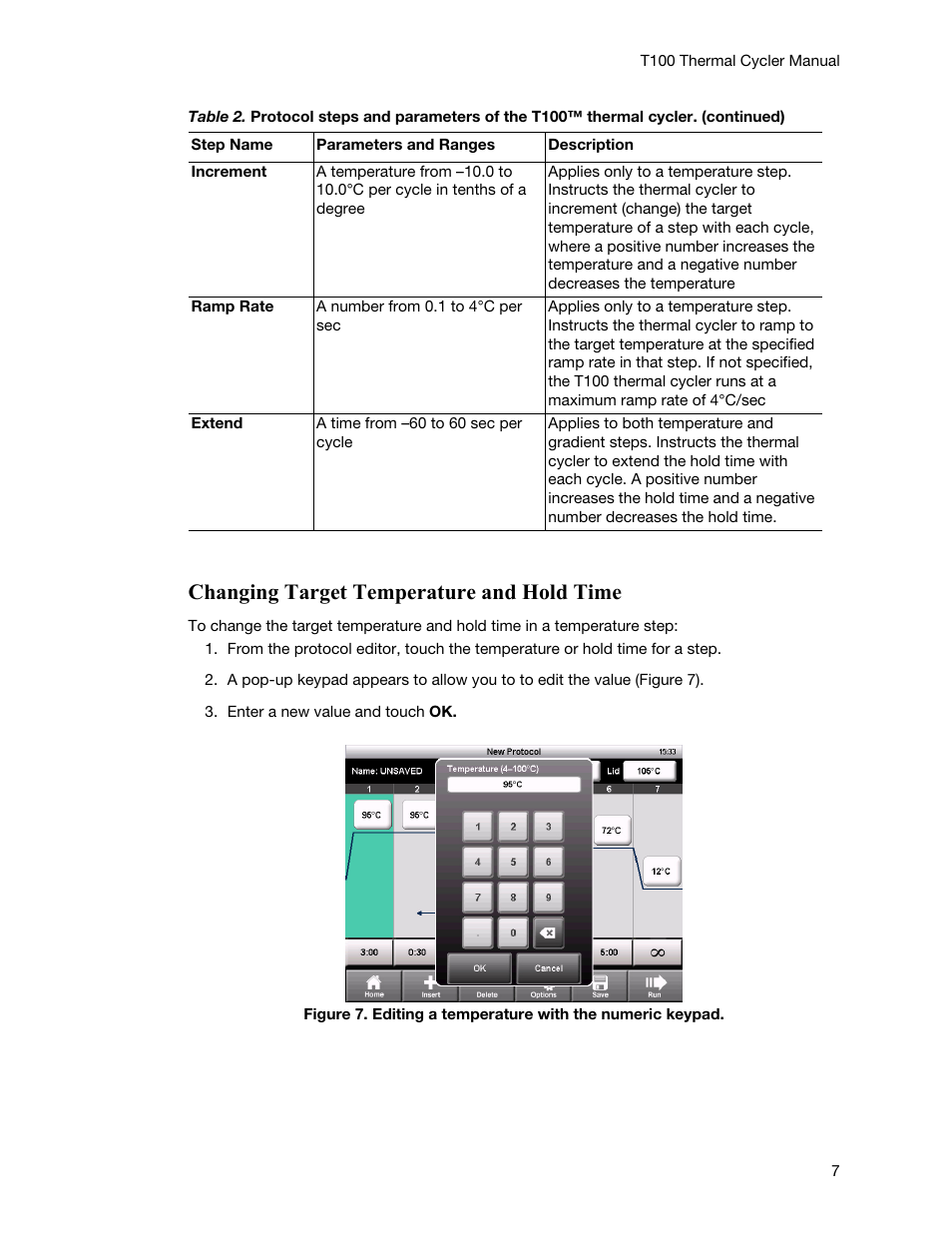 Changing target temperature and hold time | Bio-Rad T100™ Thermal Cycler User Manual | Page 17 / 40