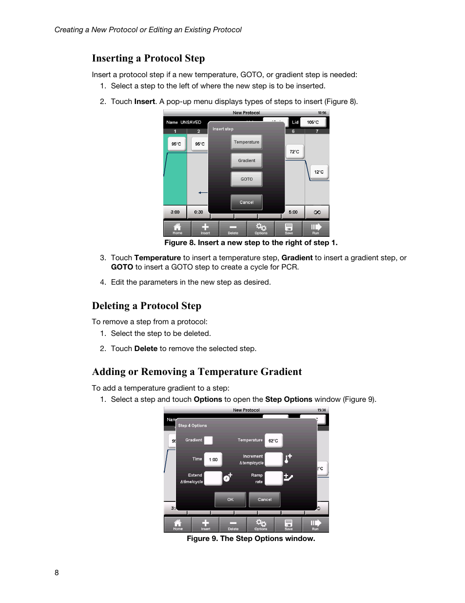 Inserting a protocol step, Deleting a protocol step, Adding or removing a temperature gradient | Bio-Rad T100™ Thermal Cycler User Manual | Page 18 / 40