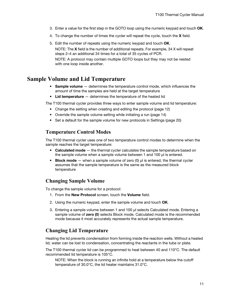 Sample volume and lid temperature, Temperature control modes, Changing sample volume | Changing lid temperature | Bio-Rad T100™ Thermal Cycler User Manual | Page 21 / 40