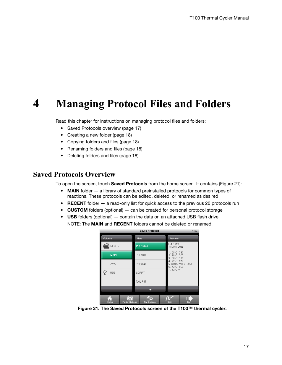 4 managing protocol files and folders, Saved protocols overview, Chapter 4. managing protocol files and folders | Managing protocol files and folders | Bio-Rad T100™ Thermal Cycler User Manual | Page 27 / 40
