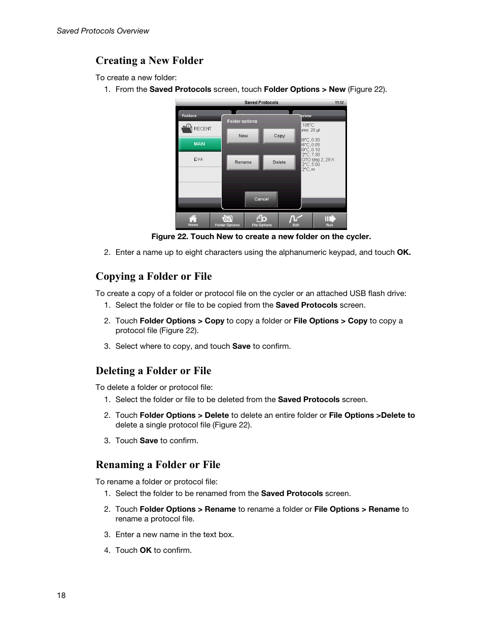 Creating a new folder, Copying a folder or file, Deleting a folder or file | Renaming a folder or file | Bio-Rad T100™ Thermal Cycler User Manual | Page 28 / 40
