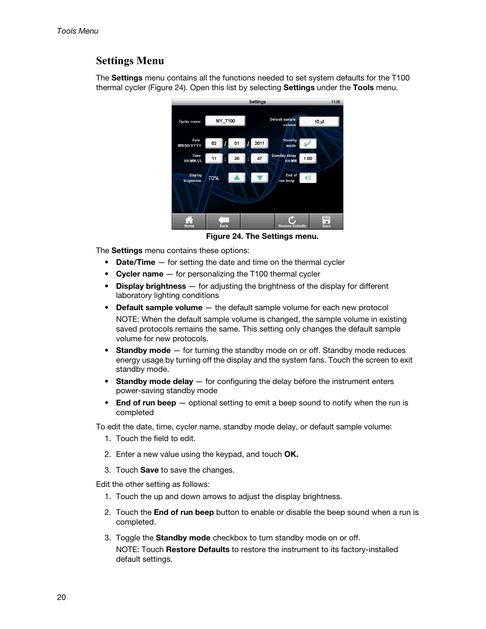Settings menu | Bio-Rad T100™ Thermal Cycler User Manual | Page 30 / 40