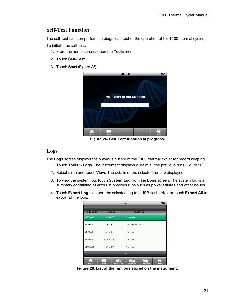 Self-test function, Logs | Bio-Rad T100™ Thermal Cycler User Manual | Page 31 / 40