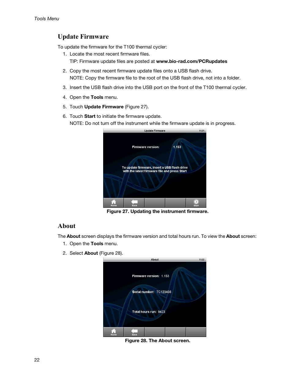 Update firmware, About | Bio-Rad T100™ Thermal Cycler User Manual | Page 32 / 40