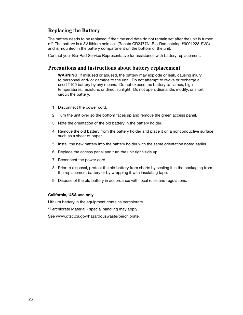 Replacing the battery | Bio-Rad T100™ Thermal Cycler User Manual | Page 36 / 40