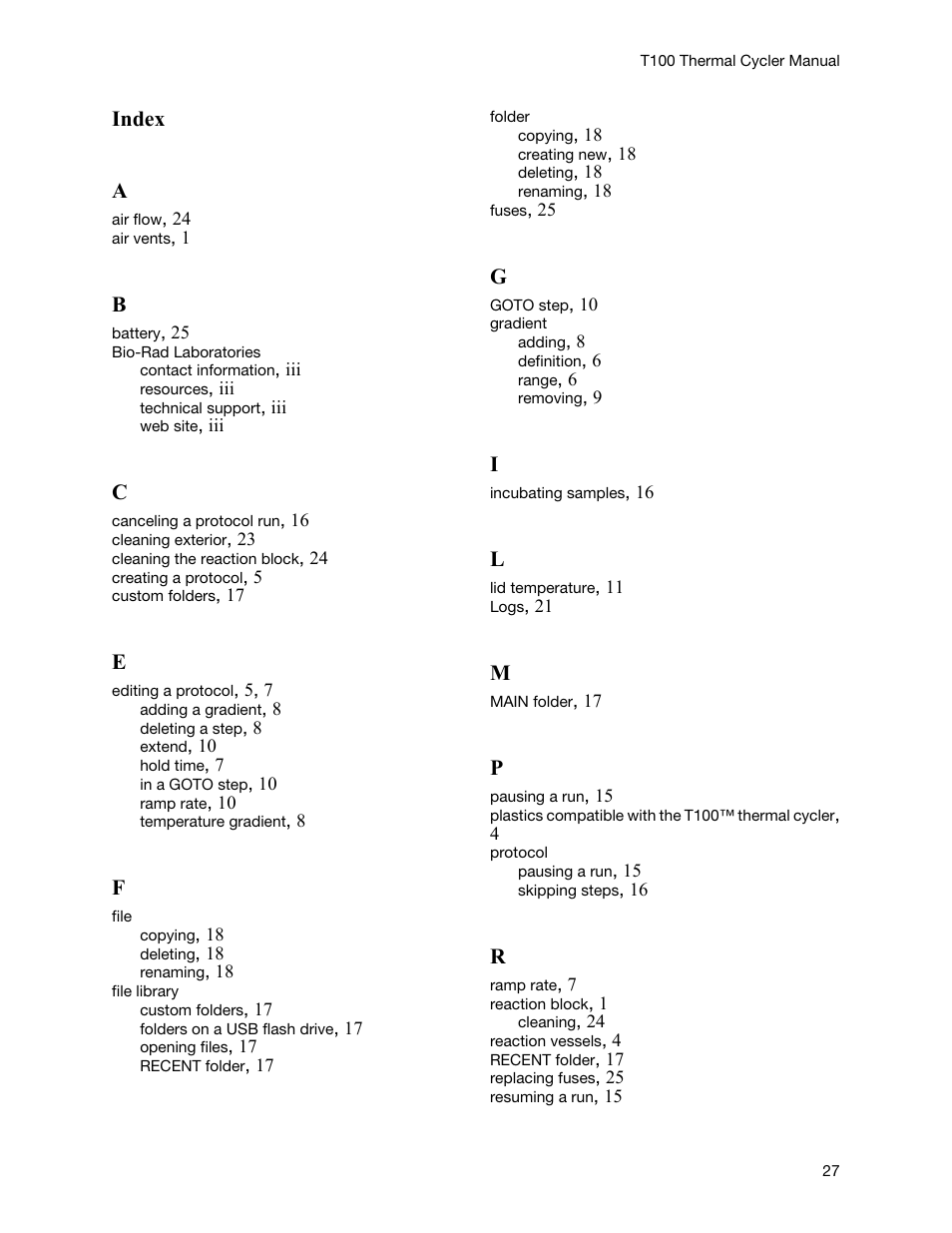 Index a | Bio-Rad T100™ Thermal Cycler User Manual | Page 37 / 40