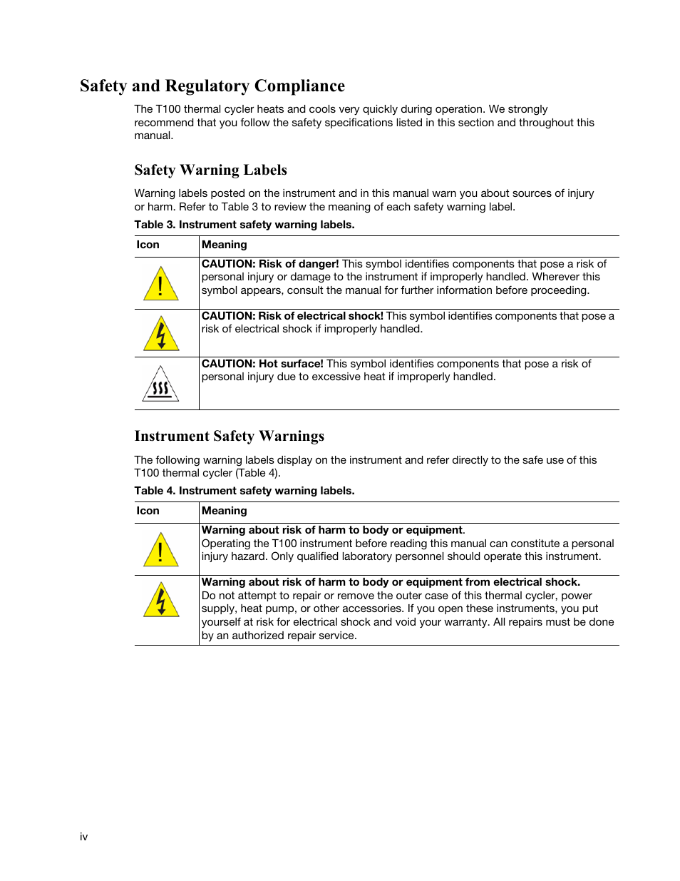 Safety and regulatory compliance, Safety warning labels, Instrument safety warnings | Bio-Rad T100™ Thermal Cycler User Manual | Page 6 / 40