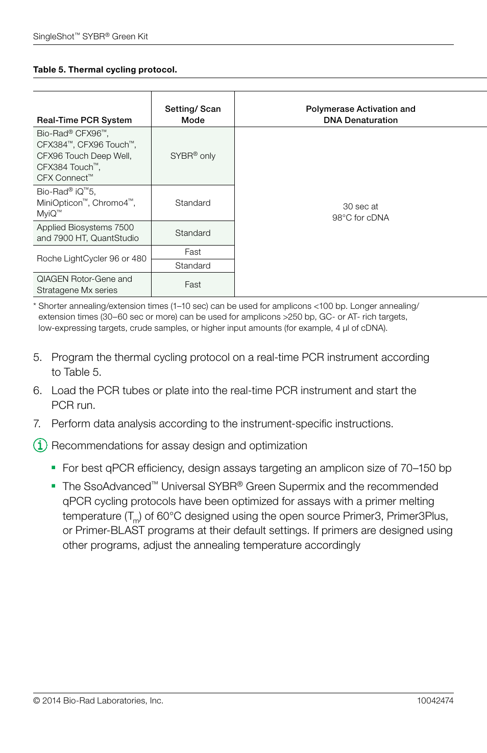 The ssoadvanced, Universal sybr | Bio-Rad SingleShot™ Cell Lysis RT-qPCR Kits User Manual | Page 6 / 14