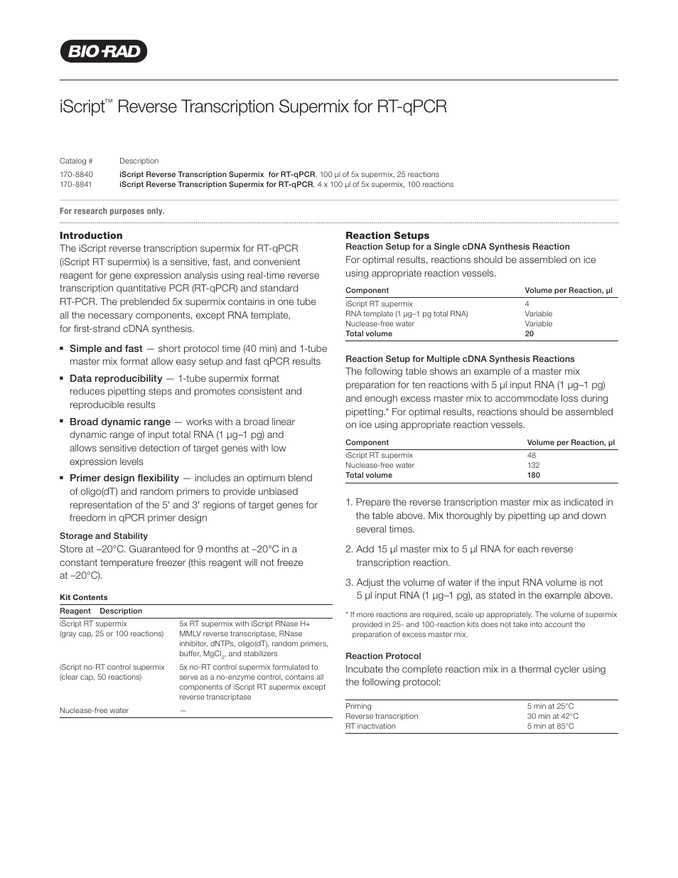 Bio-Rad iScript™ Reverse Transcription Supermix for RT-qPCR User Manual | 2 pages