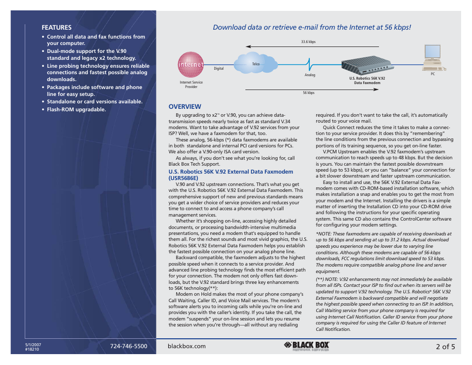 2 of 5, Features, Overview | Black Box U.S. ROBOTICS V.90 User Manual | Page 2 / 5