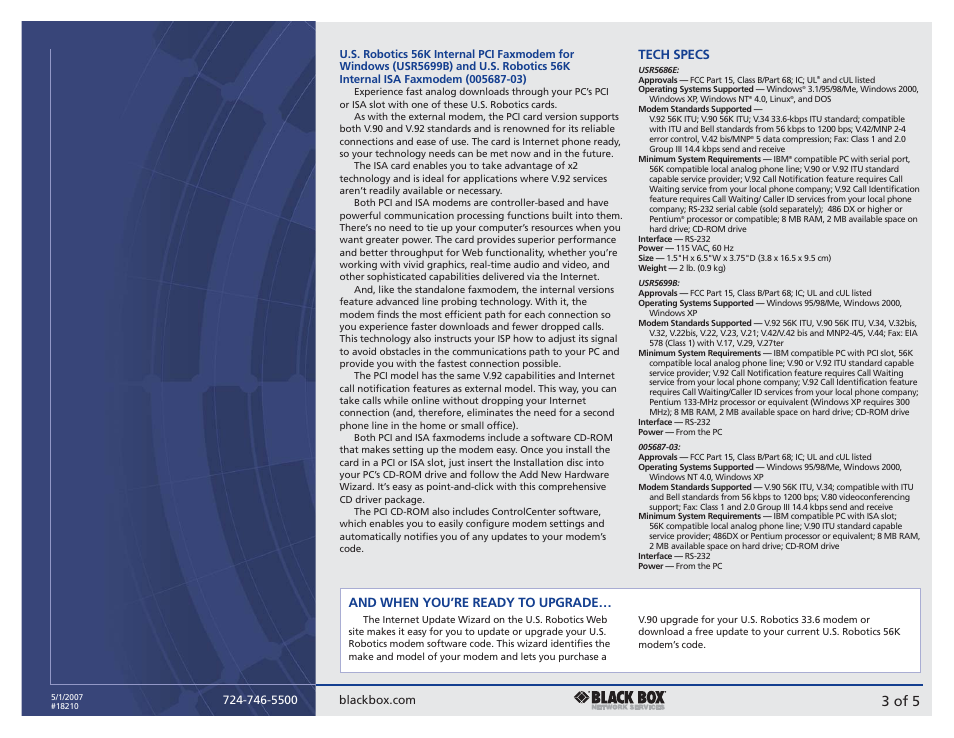 3 of 5, Tech specs, And when you’re ready to upgrade | Black Box U.S. ROBOTICS V.90 User Manual | Page 3 / 5