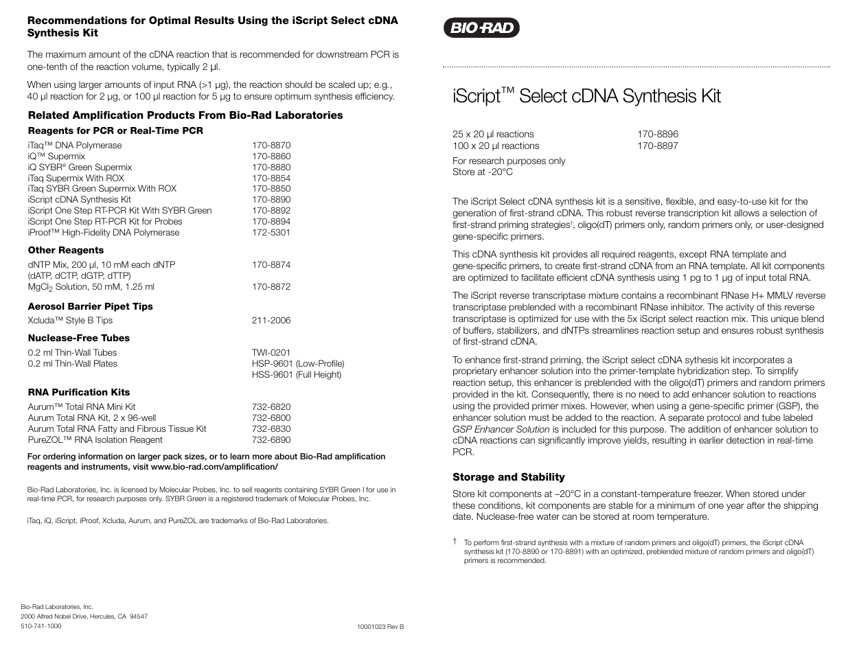 Bio-Rad iScript™ Select cDNA Synthesis Kit User Manual | 2 pages