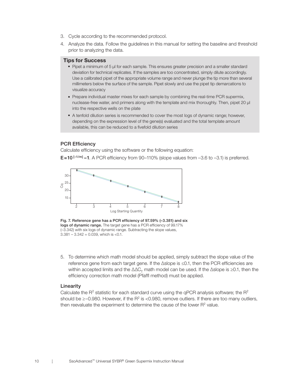 Tips for success, Pcr efficiency, Linearity | Bio-Rad SsoAdvanced™ Universal SYBR® Green Supermix User Manual | Page 16 / 28