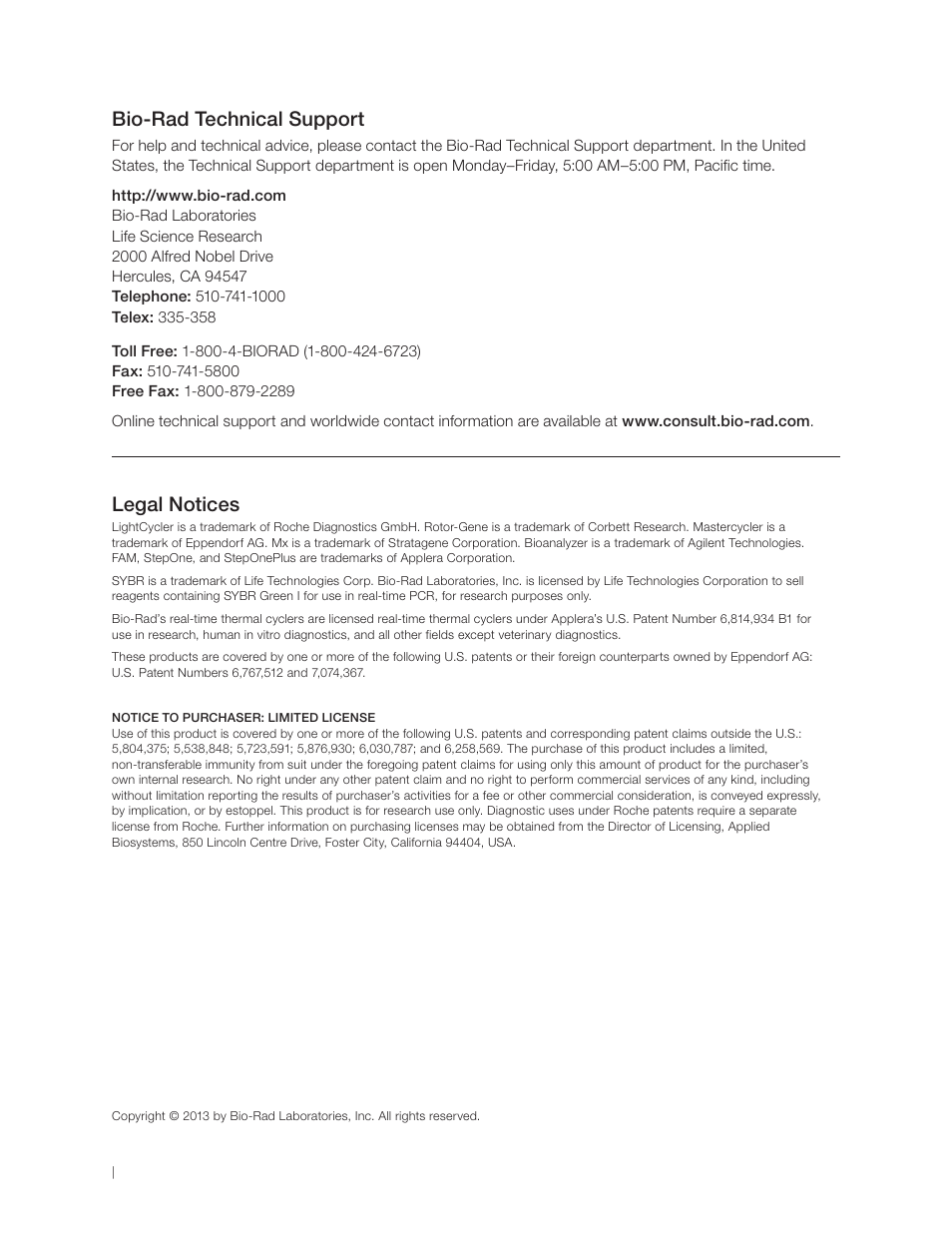 Legal notices, Bio-rad technical support | Bio-Rad SsoAdvanced™ Universal SYBR® Green Supermix User Manual | Page 2 / 28