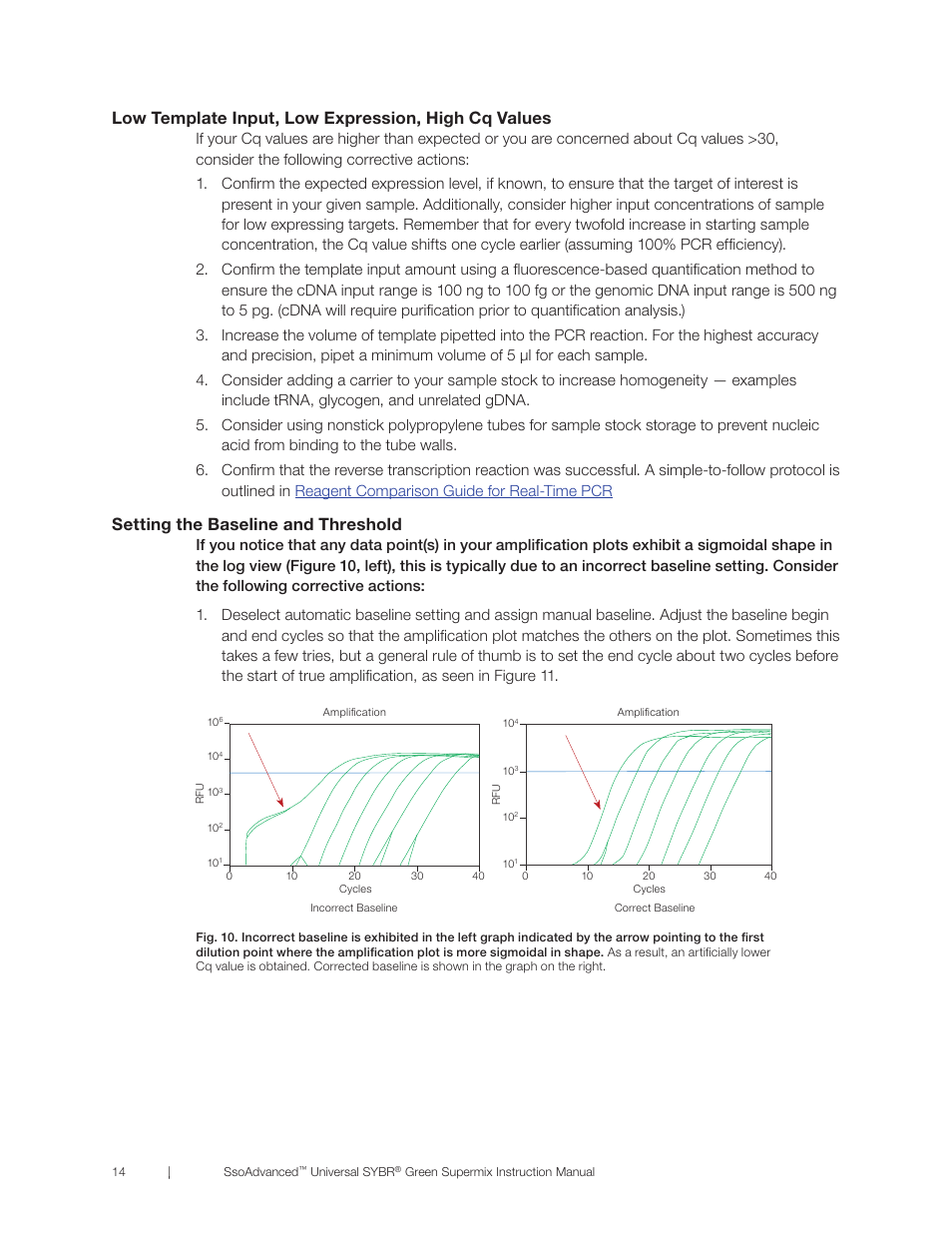 Low template input, low expression, high cq values, Setting the baseline and threshold | Bio-Rad SsoAdvanced™ Universal SYBR® Green Supermix User Manual | Page 20 / 28