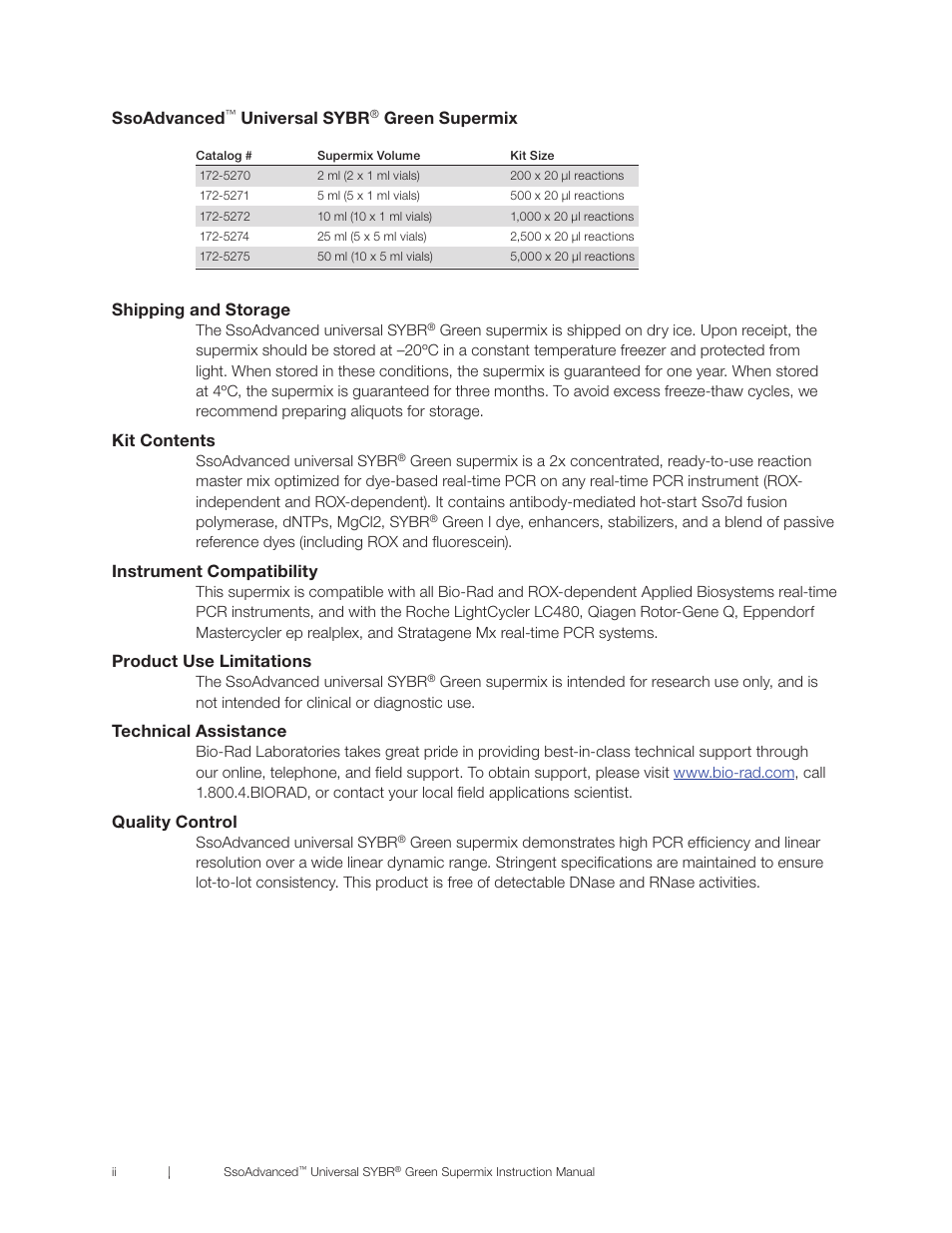 Ssoadvanced, Universal sybr, Green supermix | Shipping and storage, Kit contents, Instrument compatibility, Product use limitations, Technical assistance, Quality control | Bio-Rad SsoAdvanced™ Universal SYBR® Green Supermix User Manual | Page 4 / 28