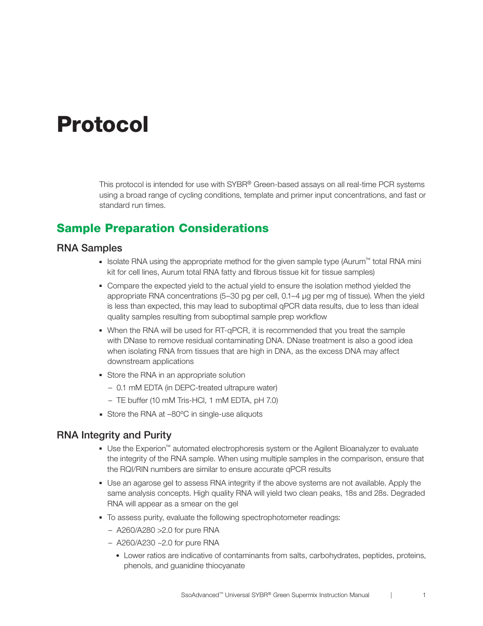 Protocol, Sample preparation considerations, Rna samples | Rna integrity and purity, Rna samples 1 rna integrity and purity 1 | Bio-Rad SsoAdvanced™ Universal SYBR® Green Supermix User Manual | Page 7 / 28