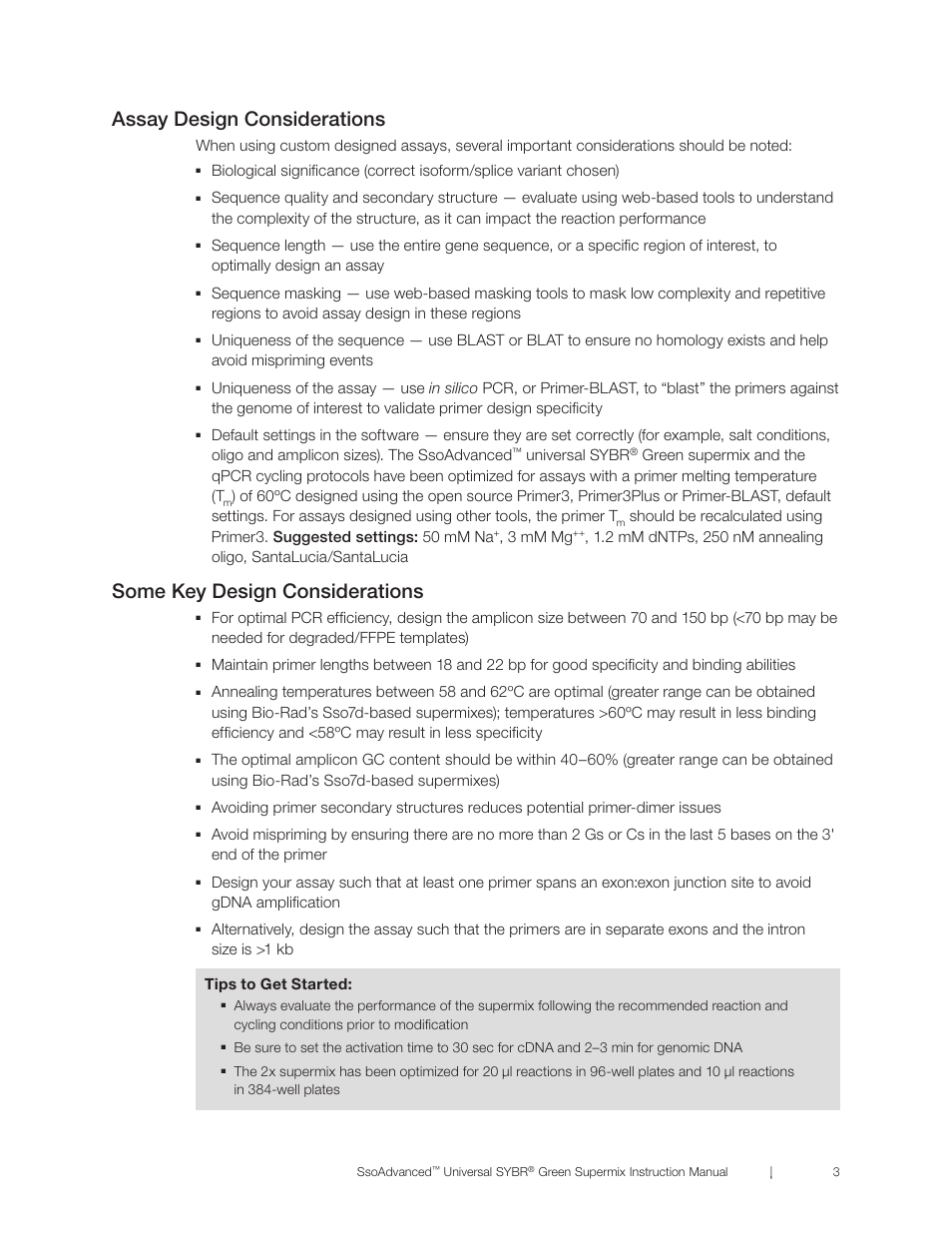 Assay design considerations, Some key design considerations, Universal sybr | 3 mm mg | Bio-Rad SsoAdvanced™ Universal SYBR® Green Supermix User Manual | Page 9 / 28