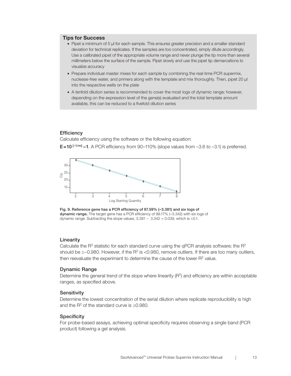 Tips for success, Linearity, Dynamic range | Sensitivity, Specificity, Efficiency | Bio-Rad SsoAdvanced™ Universal Probes Supermix User Manual | Page 19 / 29