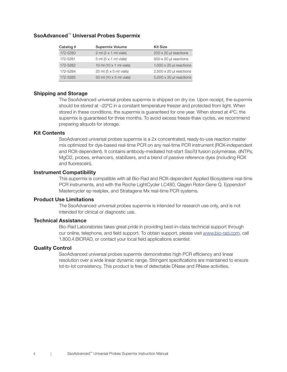 Ssoadvanced, Universal probes supermix, Shipping and storage | Kit contents, Instrument compatibility, Product use limitations, Technical assistance, Quality control | Bio-Rad SsoAdvanced™ Universal Probes Supermix User Manual | Page 4 / 29