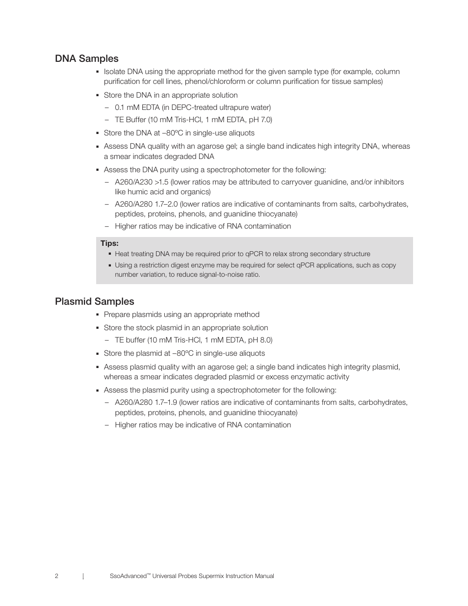 Dna samples, Plasmid samples, Dna samples 2 plasmid samples 2 | Store the dna at –80ºc in single-use aliquots, Prepare plasmids using an appropriate method, Store the plasmid at –80ºc in single-use aliquots | Bio-Rad SsoAdvanced™ Universal Probes Supermix User Manual | Page 8 / 29