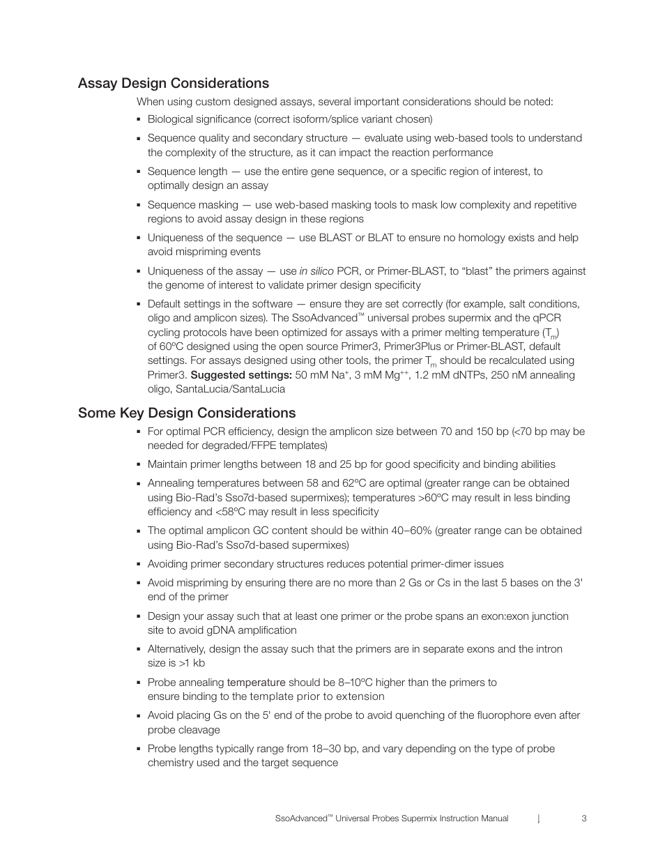 Assay design considerations, Some key design considerations, 3 mm mg | Bio-Rad SsoAdvanced™ Universal Probes Supermix User Manual | Page 9 / 29