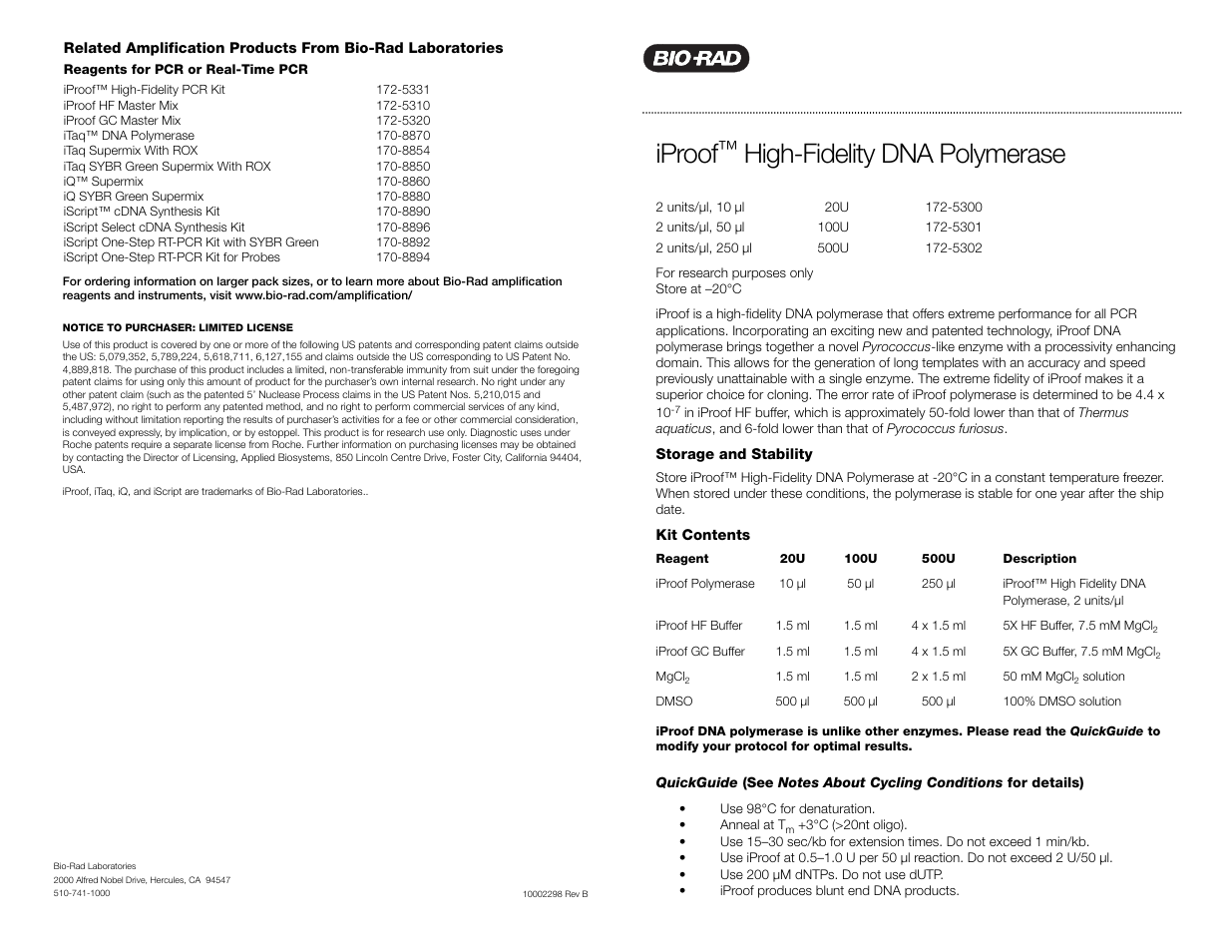 Bio-Rad iProof™ High-Fidelity DNA Polymerase User Manual | 2 pages