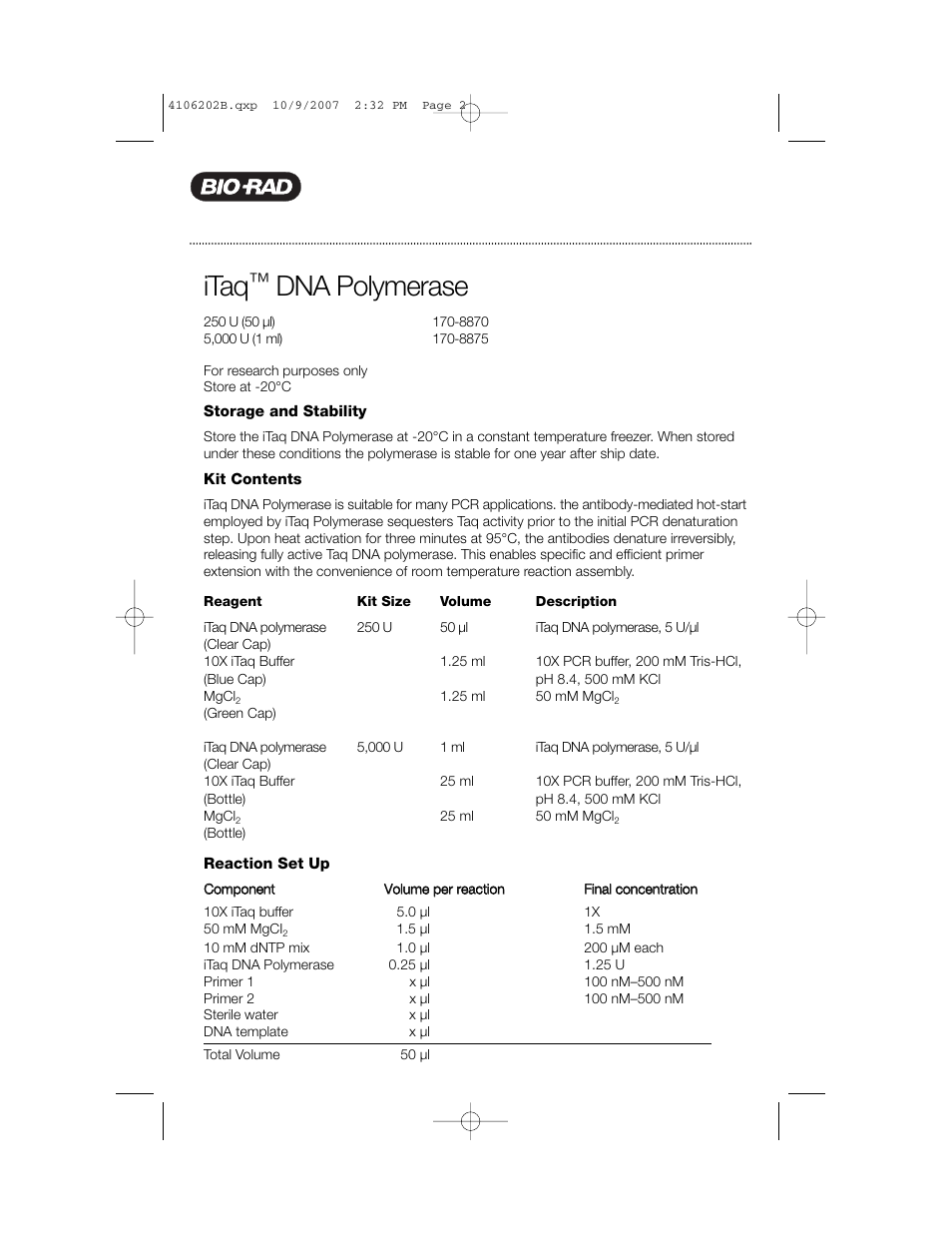 Bio-Rad iTaq™ DNA Polymerase User Manual | 2 pages