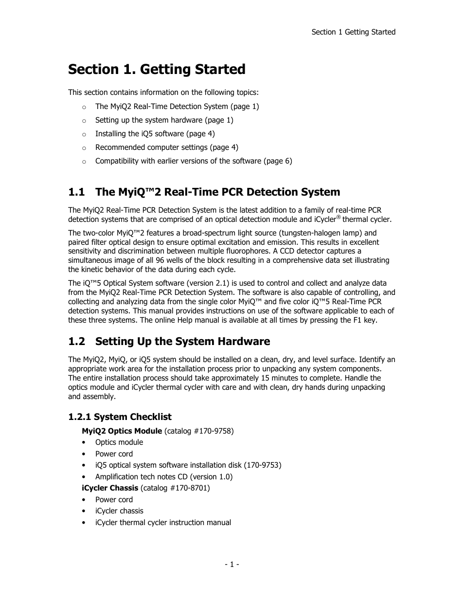1 the myiq™2 real-time pcr detection system, 2 setting up the system hardware | Bio-Rad iQ™5 Optical System Software, Version 2.1 User Manual | Page 10 / 152