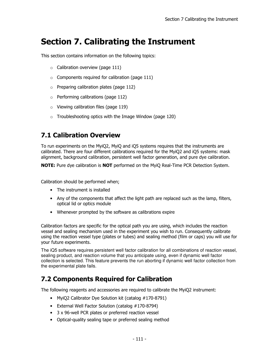 1 calibration overview, 2 components required for calibration | Bio-Rad iQ™5 Optical System Software, Version 2.1 User Manual | Page 120 / 152