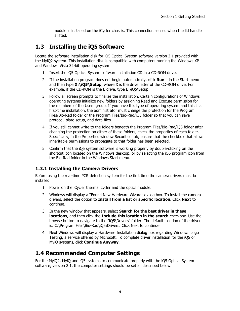 3 installing the iq5 software, 4 recommended computer settings | Bio-Rad iQ™5 Optical System Software, Version 2.1 User Manual | Page 13 / 152