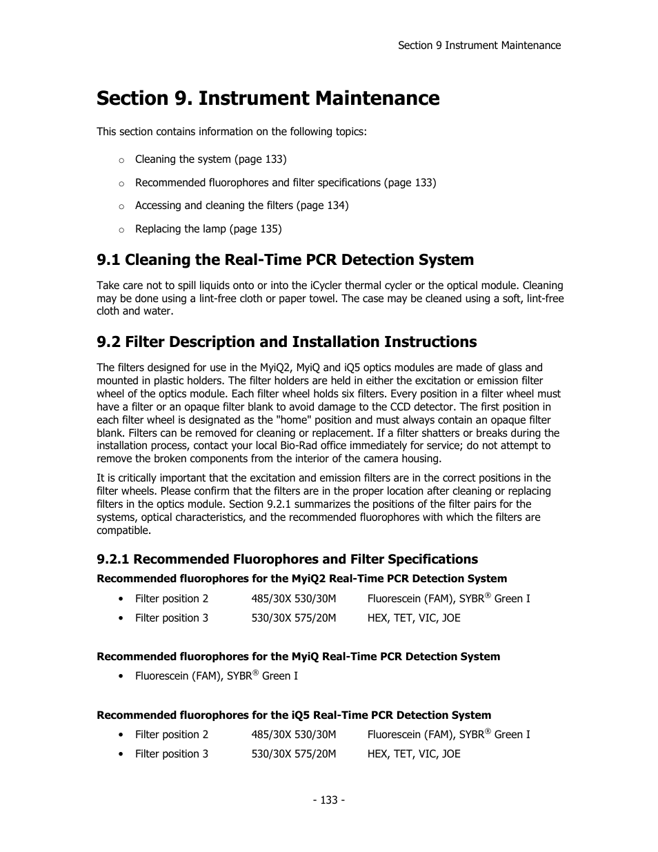 1 cleaning the real-time pcr detection system, 2 filter description and installation instructions | Bio-Rad iQ™5 Optical System Software, Version 2.1 User Manual | Page 142 / 152