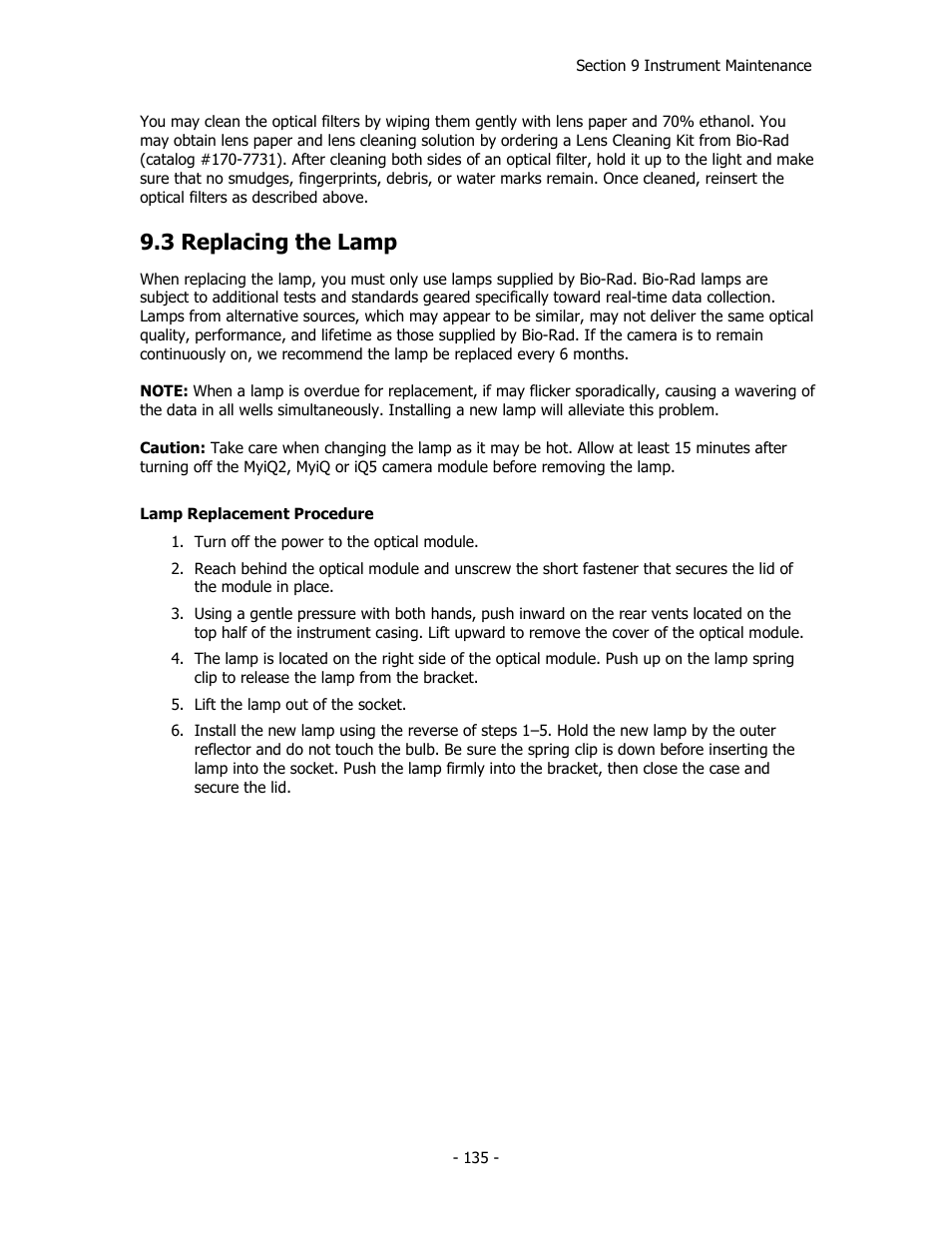 3 replacing the lamp | Bio-Rad iQ™5 Optical System Software, Version 2.1 User Manual | Page 144 / 152