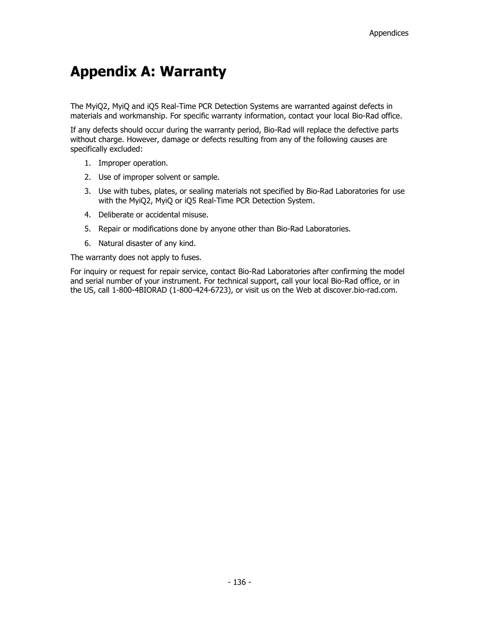 Appendix a: warranty | Bio-Rad iQ™5 Optical System Software, Version 2.1 User Manual | Page 145 / 152