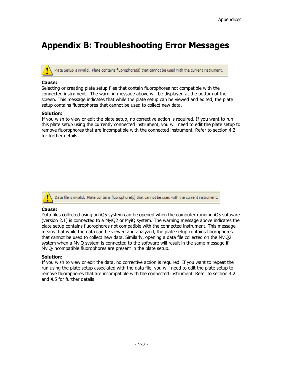 Appendix b: troubleshooting error messages | Bio-Rad iQ™5 Optical System Software, Version 2.1 User Manual | Page 146 / 152