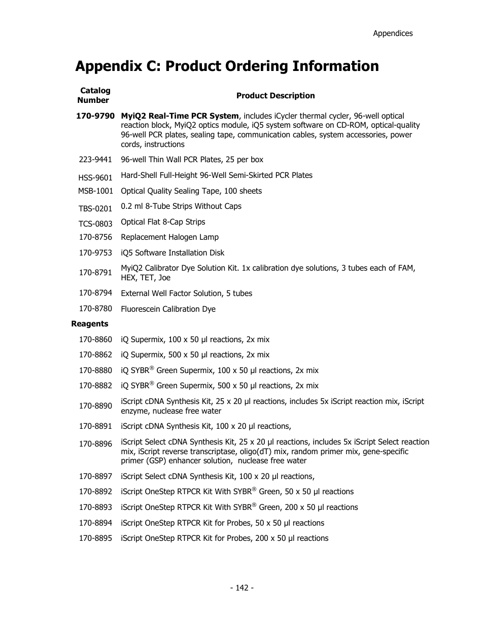 Appendix c: product ordering information | Bio-Rad iQ™5 Optical System Software, Version 2.1 User Manual | Page 151 / 152