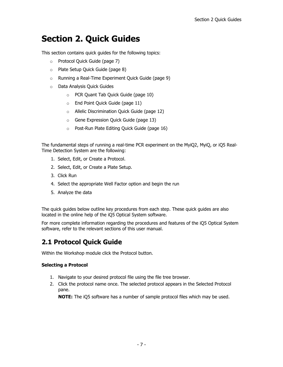 1 protocol quick guide | Bio-Rad iQ™5 Optical System Software, Version 2.1 User Manual | Page 16 / 152