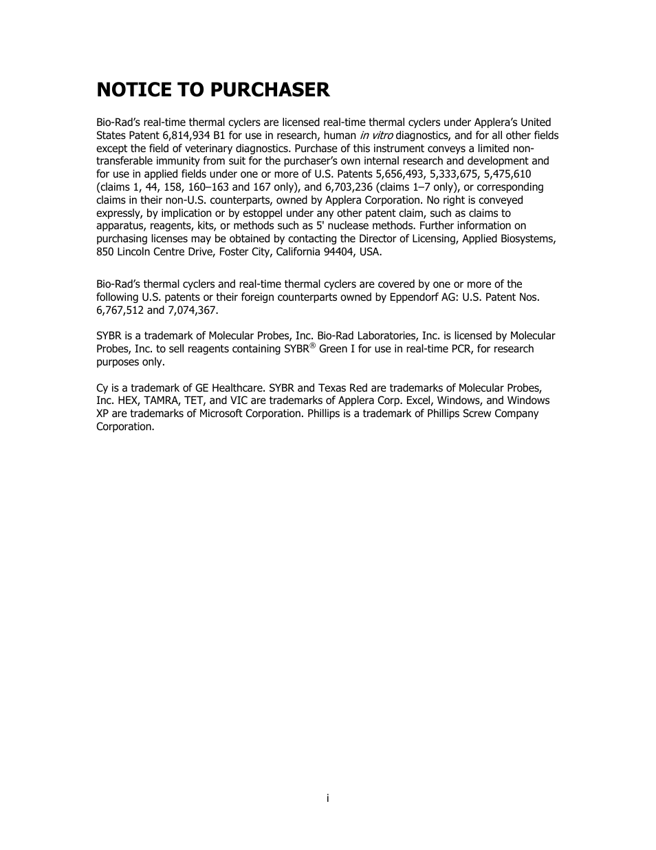 Iq5_sw_2.1_manual_content, Notice to purchaser | Bio-Rad iQ™5 Optical System Software, Version 2.1 User Manual | Page 2 / 152