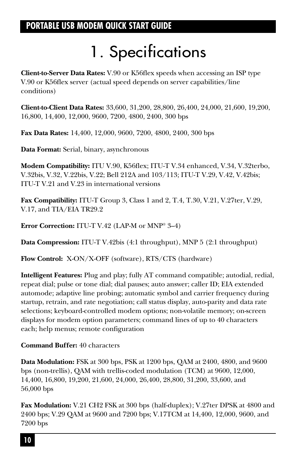 Specifications, Portable usb modem quick start guide | Black Box MD403A User Manual | Page 11 / 20
