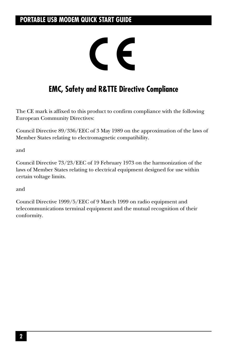 Emc, safety and r&tte directive compliance, Portable usb modem quick start guide | Black Box MD403A User Manual | Page 3 / 20