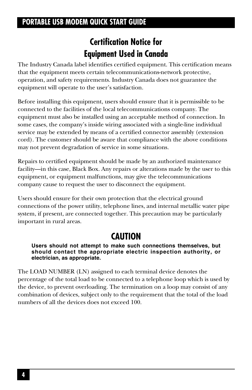 Certification notice for equipment used in canada, Caution | Black Box MD403A User Manual | Page 5 / 20