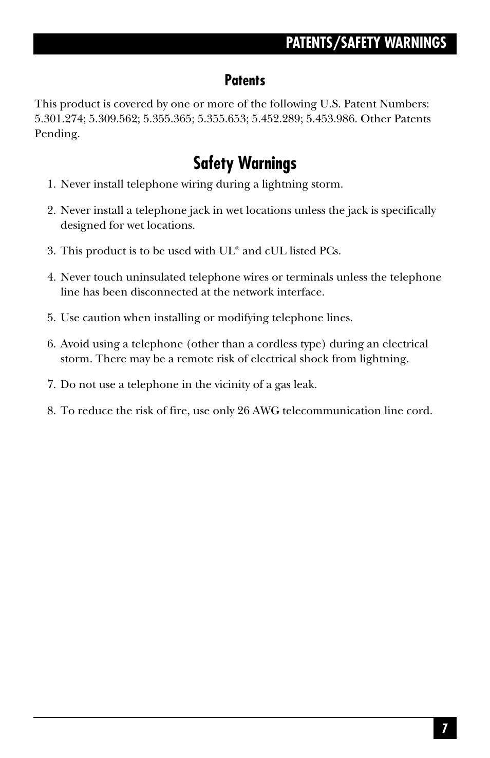 Safety warnings, Patents/safety warnings patents | Black Box MD403A User Manual | Page 8 / 20
